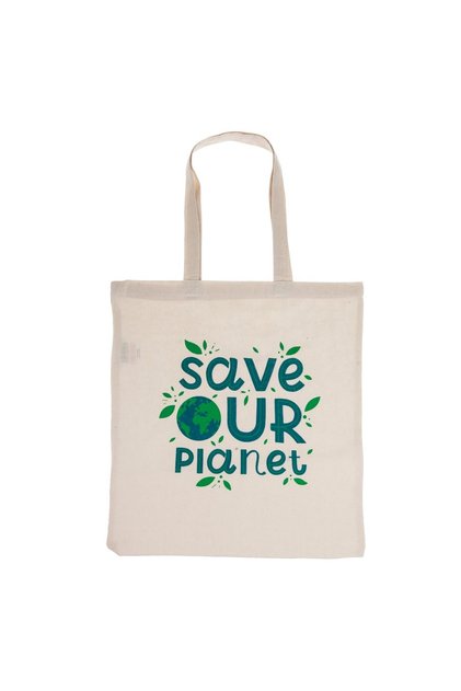 Sacoșă textilă din bumbac bej, Save Our Planet, 38x42 cm, mânere rezistente, reutilizabilă