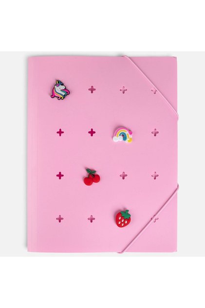 Mapă fancy roz din plastic, cu urechi, elastic și pins-uri decorative, 24,5x32 cm, 4 bucăți