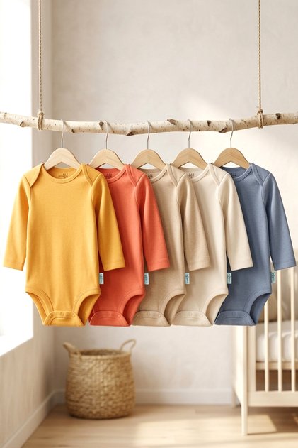100% Cotton Long Sleeve Baby Bodysuit with Snap Fasteners, Set of 5