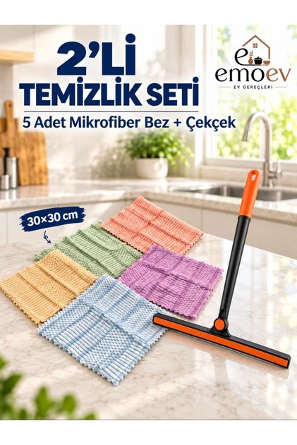 2'li Temizlik Seti - 180° Döner Başlıklı Cam & Tezgah Çekçeği + 5'li Mikrofiber Temizlik Bezi (30x30 cm)