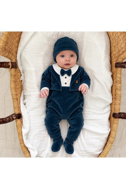 Baby Boy Velvet Bow Tie Jumpsuit, Body, Hat, Booties, Boxed Gift Set of 5
