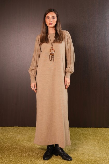 Women's Openwork Balloon Sleeve Detailed Long Knitwear Dress 8421 Mink