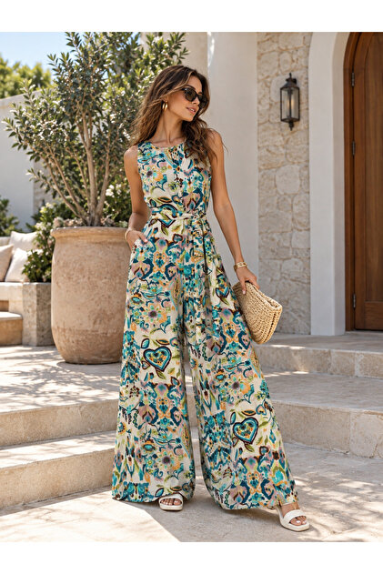 Colorful Patterned Crew Neck Belted Wide Leg Jumpsuit Casual Summer Stylish Sleeveless Jumpsuit