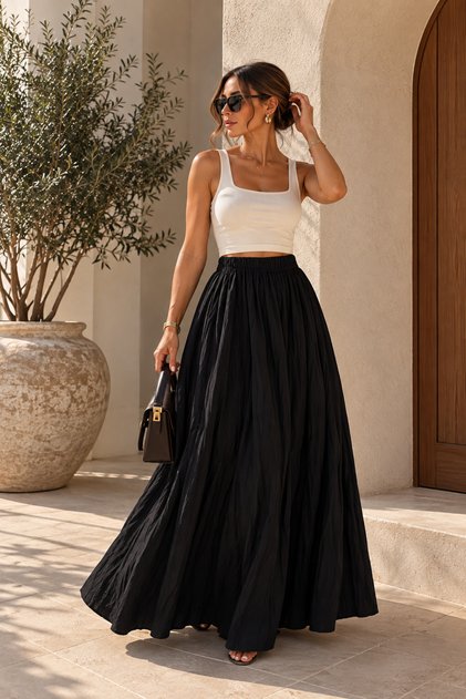 Black Elastic Waist Wrap Maxi Long Skirt Casual Summer Comfortable Cut Flared Skirt