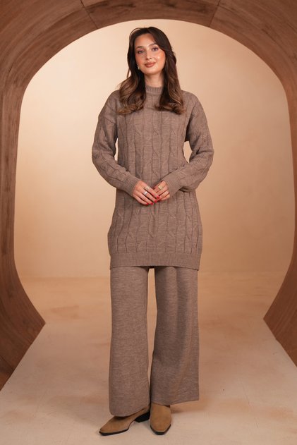Women's Oversize Hair Braid Patterned Hijab Knitwear Set with Trousers 1135 Mink