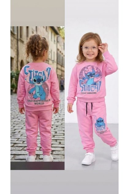 Stitch Printed Waist-Tie 2-Thread Seasonal Top and Bottom Girls' Set