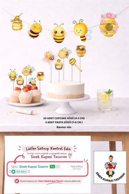 Bee Themed Birthday Set 5 Figures Banner 5 Figures Cake Decoration 20 Pieces Cupcake Set