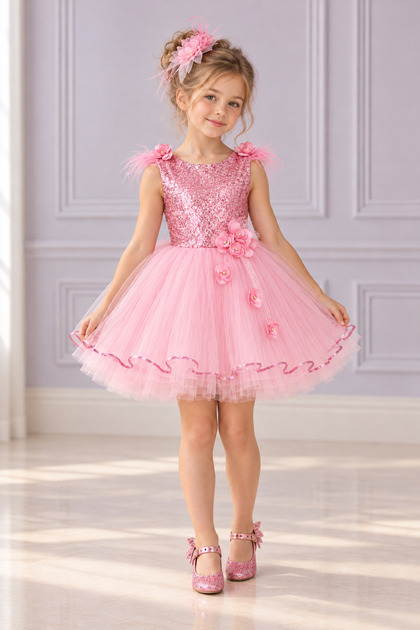 Pink Girl's Flower and Feather Detailed Mini Tutu Dress