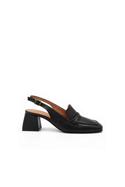 Black Genuine Leather Loafer Heeled Shoes – 5 cm Thick Heeled Back Open Model