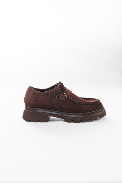 Women's Brown Suede Buckle Monk Strap Thick Sole Masculine Loafer