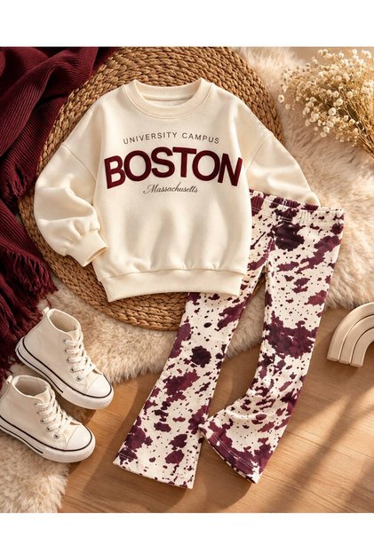 Girl's burgundy and cream color leggings top and bottom set