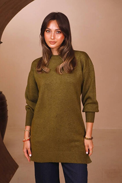 Women's Crew Neck Loose Cut Basic Soft Knitwear Tunic 8553 Khaki