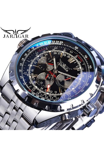Steel Black JARAGAR 212 Elegant Automatic Mechanical Watches for Man Hollowing Dial Chronograph Lumi