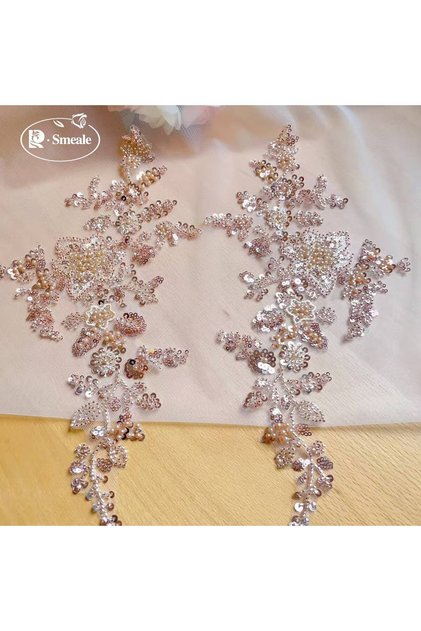 champagne 1Pair 17*33CM,10-color Beaded Sequin 3D Floral Mirror Applique. Lace Fabric Evening Gown.
