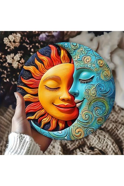 20x20cm TYA79279-01 Sun & Moon 2D Flat Metal Plaque - Round Farmhouse Decor for Garden, Home & Garag