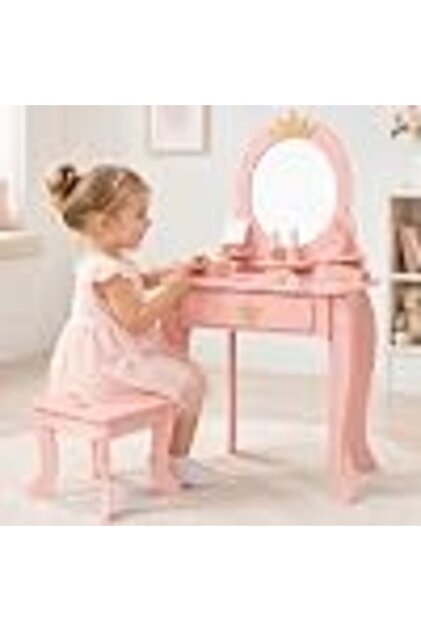 Маса за гримиране за момичета, BellePrincesse, дървена, с табуретка и аксесоари, височина 93 см, Golden Rose
