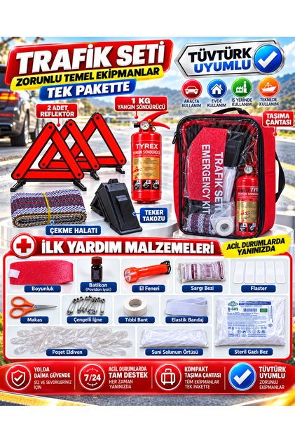 Trafik Seti Tüv-Türk Muayene Uyumlu 1 Kg ABC KKT Yangın Tüpü CE ve TSE Belgeli Yangın Söndürücü