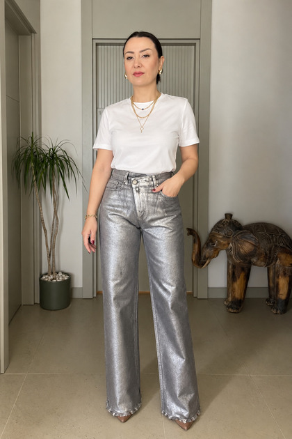 Metallic Gray Shiny Textured Cross Closure Wide Leg Silver Jeans