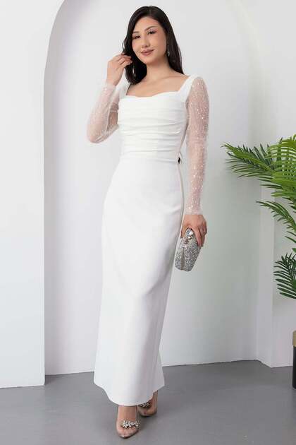 Heart Neckline Puff Sleeves Paillette Evening Dress Ecr5492