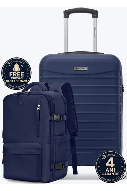Set troler cabină și rucsac, 55x38x21cm/43x30x20cm, bagaj de mână, troler avion, Priority Pack, bleumarin