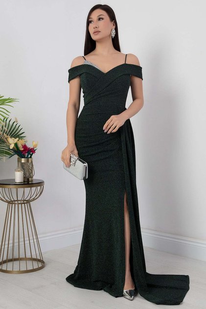 Stone Detailed Slit Chest Evening Dress - 39950