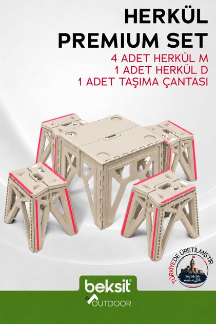 OUTDOOR Herkül Premium Katlanır Kamp Masa Takımı Seti-Bej (Çantalı)