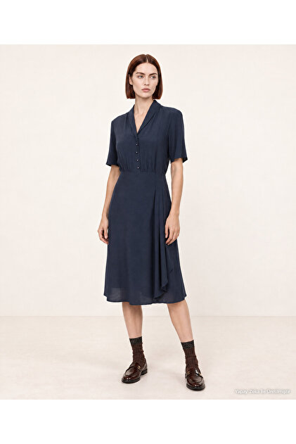 Straight Shawl Collar Short Sleeve Dress