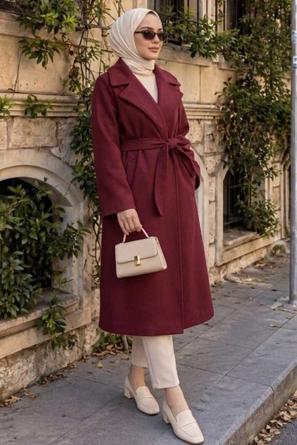 Belted Burgundy Hijab Coat 61631Br