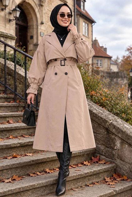 Belted Biscuit Hijab Trench Coat 26421Bs
