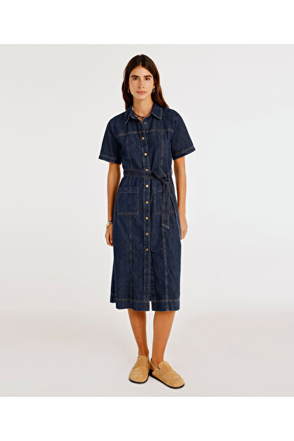 Belted Short Sleeve Midi Length Denim Dress