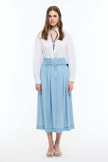 Beli Kemerli Midi Boy Denim Etek Mavi YY015064_036