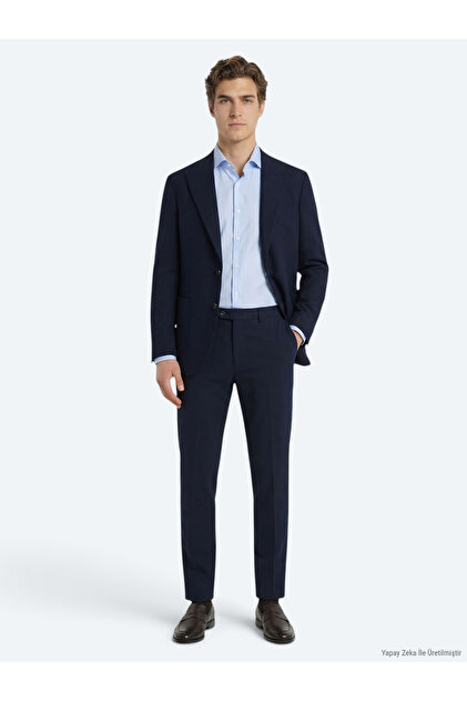 Navy Blue Plain Modern Fit Cotton Blend Suit