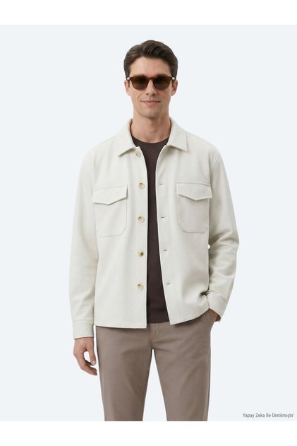 Beige Plain Regular Fit Long Woven Overshirt