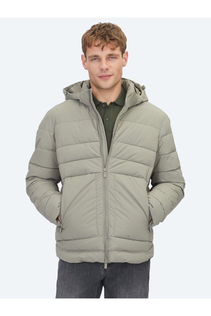 Khaki Regular Fit Hooded Casual Woven Coat