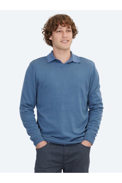 Aviator Blue Crew Neck Patterned Cotton Blend Knit Sweater