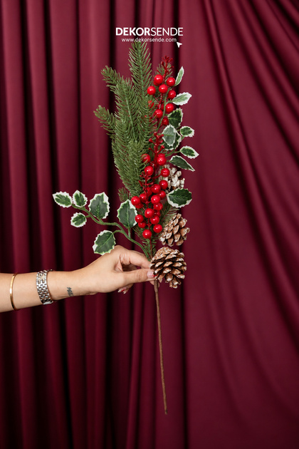 Christmas Ornament with Variegated Leaves, Pine Cones and Red Berry Branch 62 cm