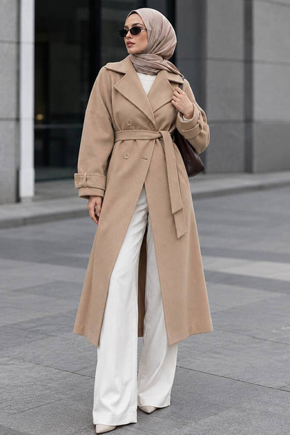 Buttoned Mink Hijab Cashmere Coat 6243V