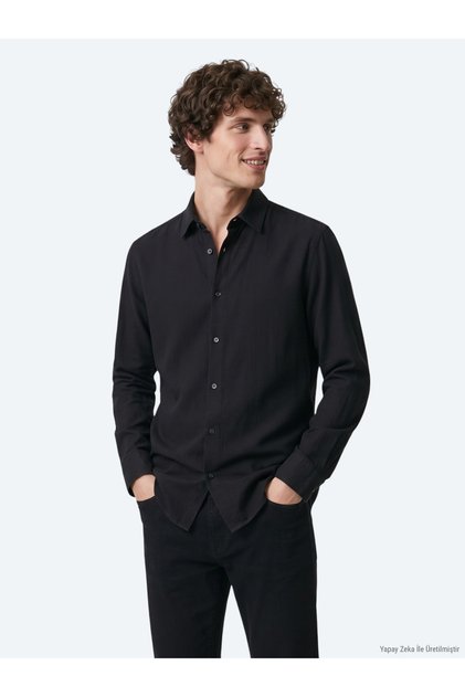 Siyah Düz Regular Fit Uzun Dokuma Casual Gömlek