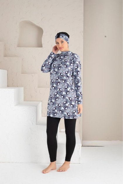 Patterned Lycra Tights Full Covered Hijab Swimsuit 1232