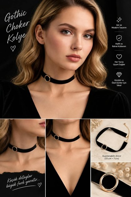 Vintage Siyah Dantel Gotik Kolye - Dantel Choker Kolye Ayarlanabilir Zincir,