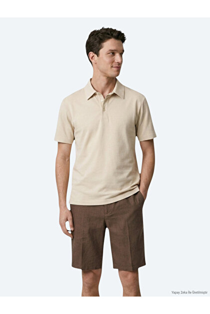 Beige Plain Cotton Blend T-Shirt