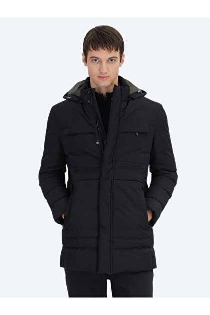 Black Regular Fit Hooded Woven Coat