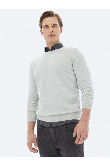 Light Gray Crew Neck Plain Knit Wool Blended Sweater