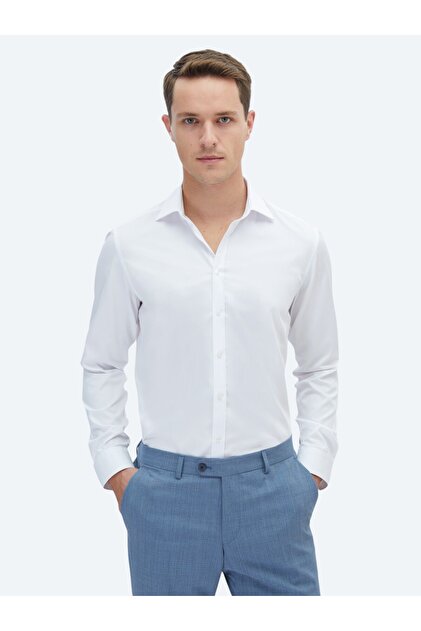 White Plain Slim Fit Long Woven Classic 100% Cotton Shirt