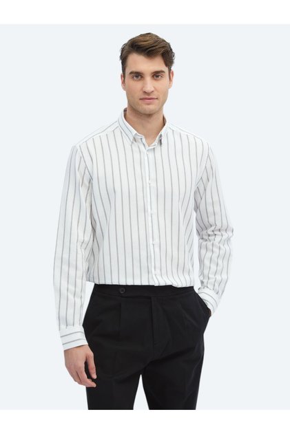 Kahverengi Çizgili Regular Fit Uzun Dokuma Casual %100 Pamuk Gömlek