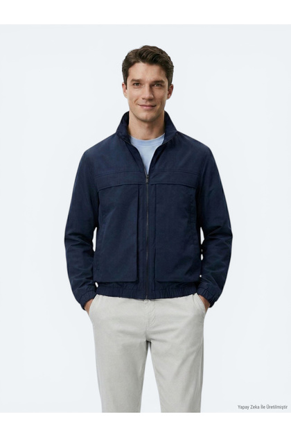 Navy Blue Relaxed Fit High Collar Casual Woven Coat