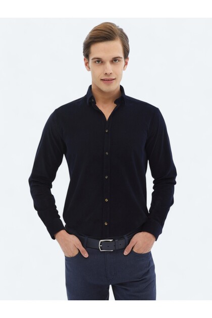 Lacivert Fitilli Regular Fit Uzun Dokuma Kadife Casual %100 Pamuk Gömlek