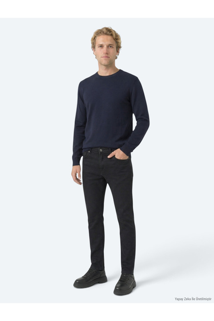Black Slim Fit Denim Cotton Blended Trousers