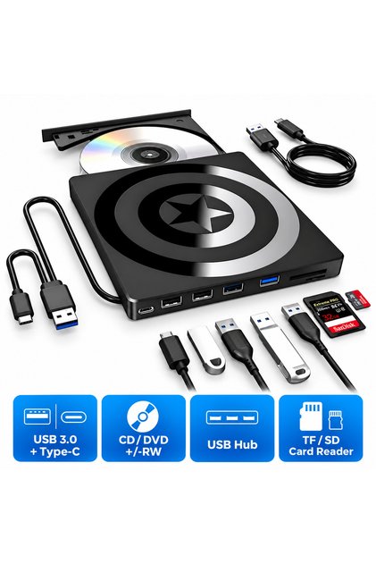 Unitate externă de inscripționare DVD, portabilă, model subțire Star Staryon, Unitate optică externă USB 3.0 Type-C, CD DVD +/-RW, Hub USB multifuncțional, Cititor de carduri TF SD, Laptop MacBook, Windows Mac OS Linux, Negru