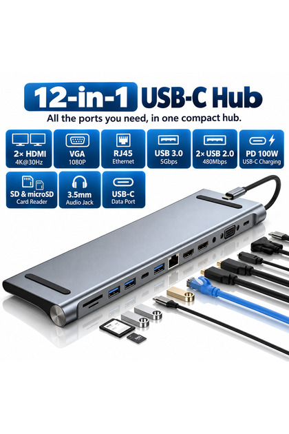 Hub USB-C 12 în 1 Stație de andocare pentru laptop, 2x HDMI 4K + VGA, RJ45 Ethernet, USB 3.0 + 2x USB 2.0, PD 100W, Cititor de carduri SD și microSD, Jack Audio, Aluminiu, MacBook Dell HP, Argintiu